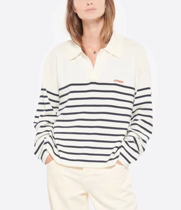 MAISON LABICHE Pull Mondovie Amour Laine Écru Bleu 3