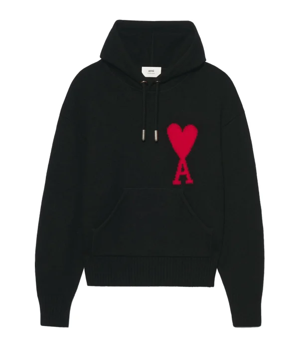 AMI PARIS Pull Hoodie Unisexe Ami De Cœur Laine Noir Rouge 1