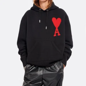 AMI PARIS Pull Hoodie Unisexe Ami De Cœur Laine Noir Rouge 11