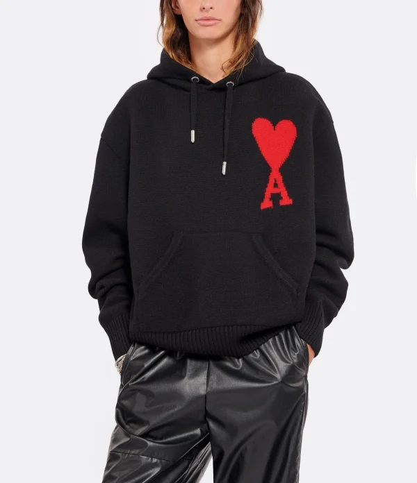 AMI PARIS Pull Hoodie Unisexe Ami De Cœur Laine Noir Rouge 4