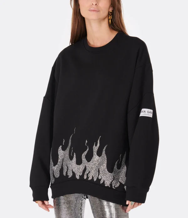 GAÏA GAÏA Sweatshirt Sanyo Oversized Puff Sleeve Coton Noir Strass 4