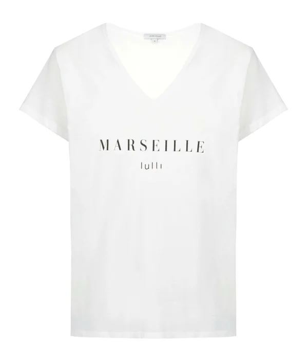 Tee-shirt Lulli Marseille Col V Coton Bio Blanc, Collaboration Jeanne Vouland X Lulli 1