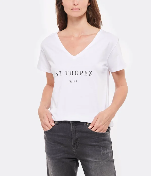 Tee-shirt Lulli St-Tropez Col V Coton Bio Blanc, Collaboration Jeanne Vouland X Lulli 4