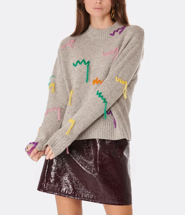 MIRA MIKATI Pull Jumper Brodé Laine Mérinos Gris 4