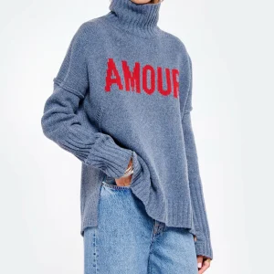 ZADIG & VOLTAIRE Pull Alma Amour Laine Bleu Denim 11